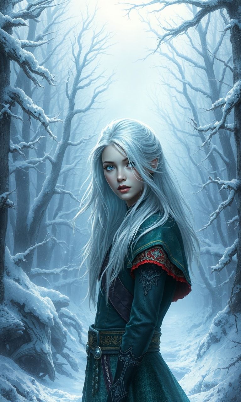 mystical young woman with silver hair and glowing blue eyes stands amidst an ancient, snow-laden forest
