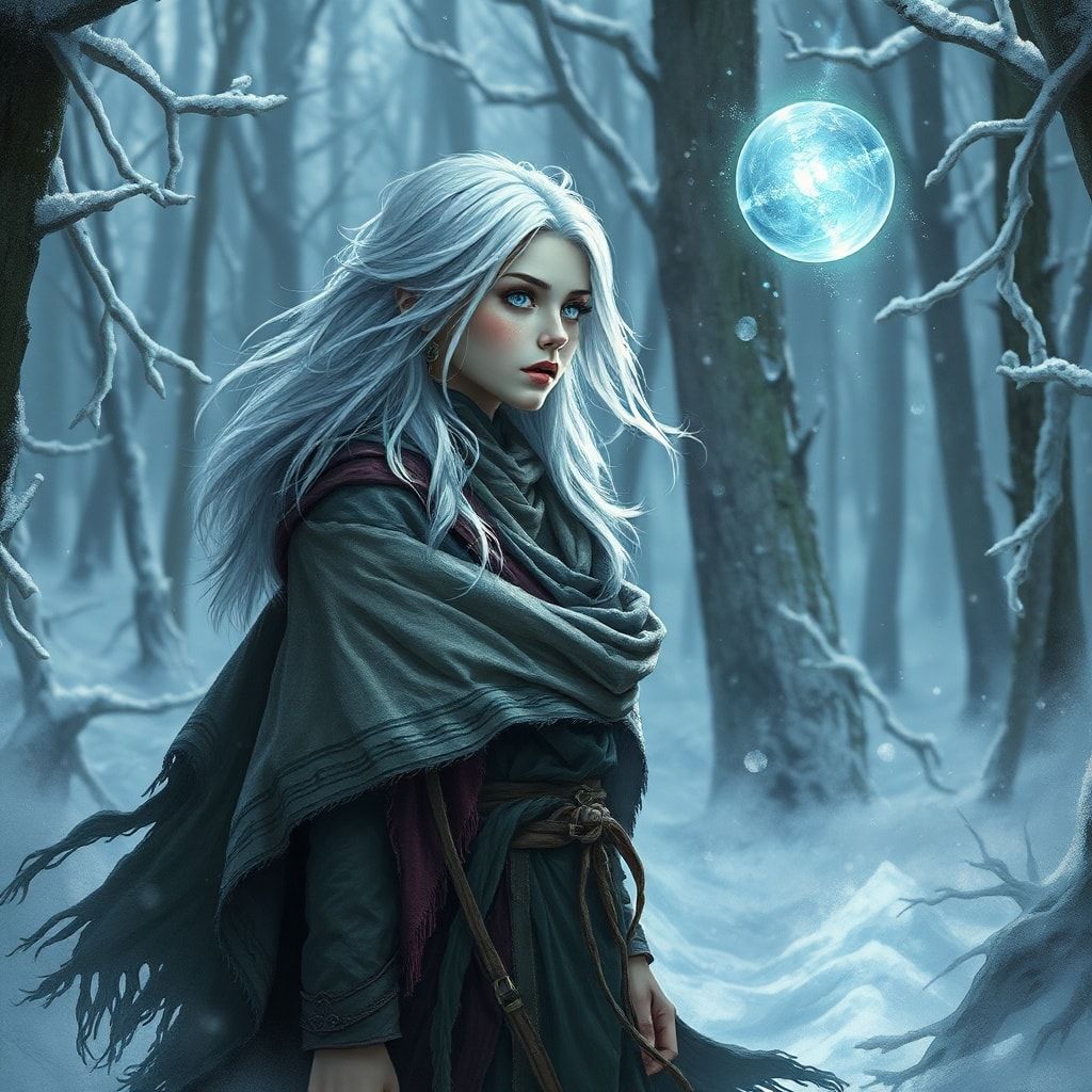 A mystical young woman with silver hair and glowing blue eyes stands amidst an ancient, snow-laden forest, her tattered cloak billowing in the icy wind as she gazes at a floating orb of ethereal li...
