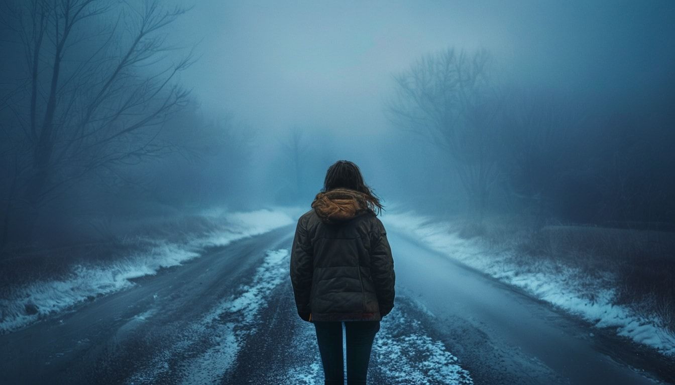 A girl with her back turned stands in a jacket on a winter road, an atmosphere of melancholy, loneliness and blue fog everywhere, as in dark ambient