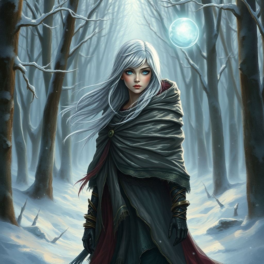 A mystical young woman with silver hair and glowing blue eyes stands amidst an ancient, snow-laden forest, her tattered cloak billowing in the icy wind as she gazes at a floating orb of ethereal li...