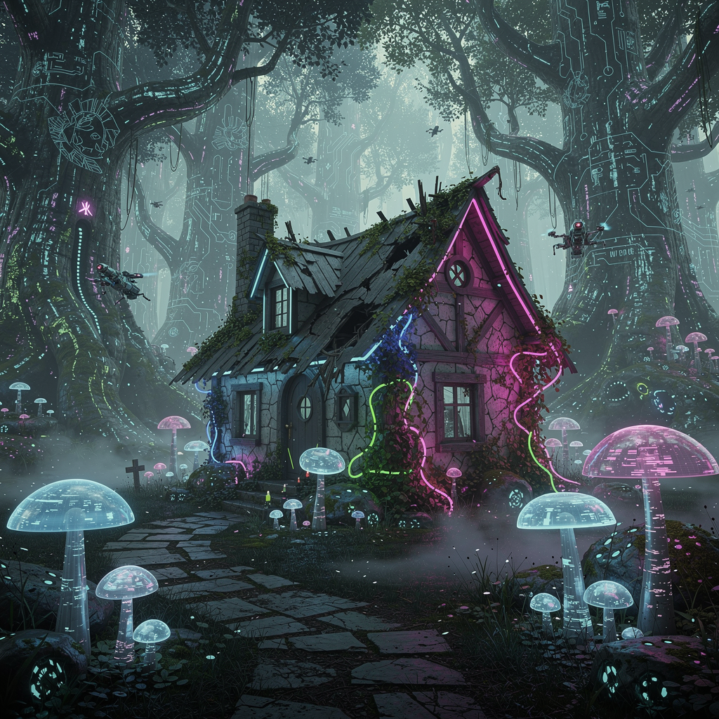 A dilapidated fairy tale cottage with glowing neon vines and flickering holographic mushrooms, nestled in a cyberpunk forest of towering bioluminescent trees, bathed in eerie blue-green neon light ...