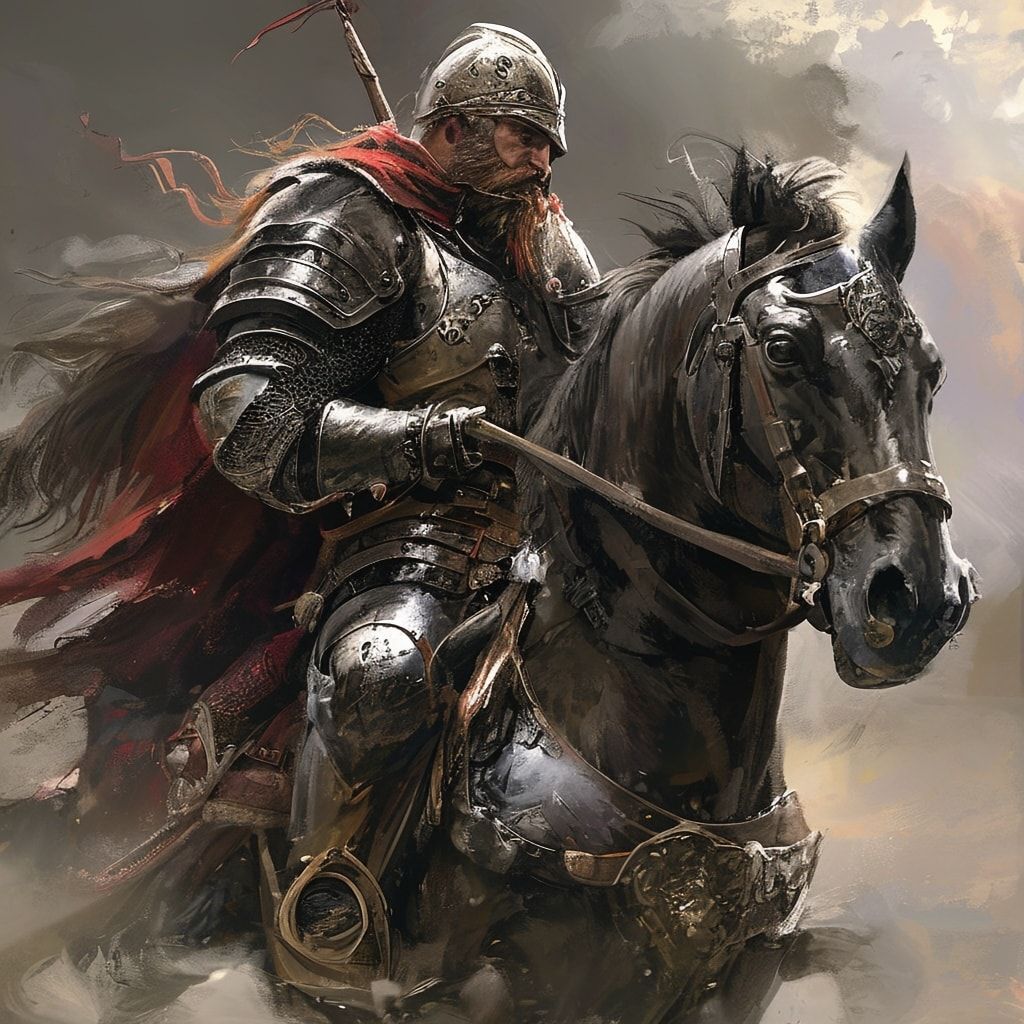 A fantasy dwarf knight riding a horse, detailed medieval armor, realistic, high-quality, 1024x1024