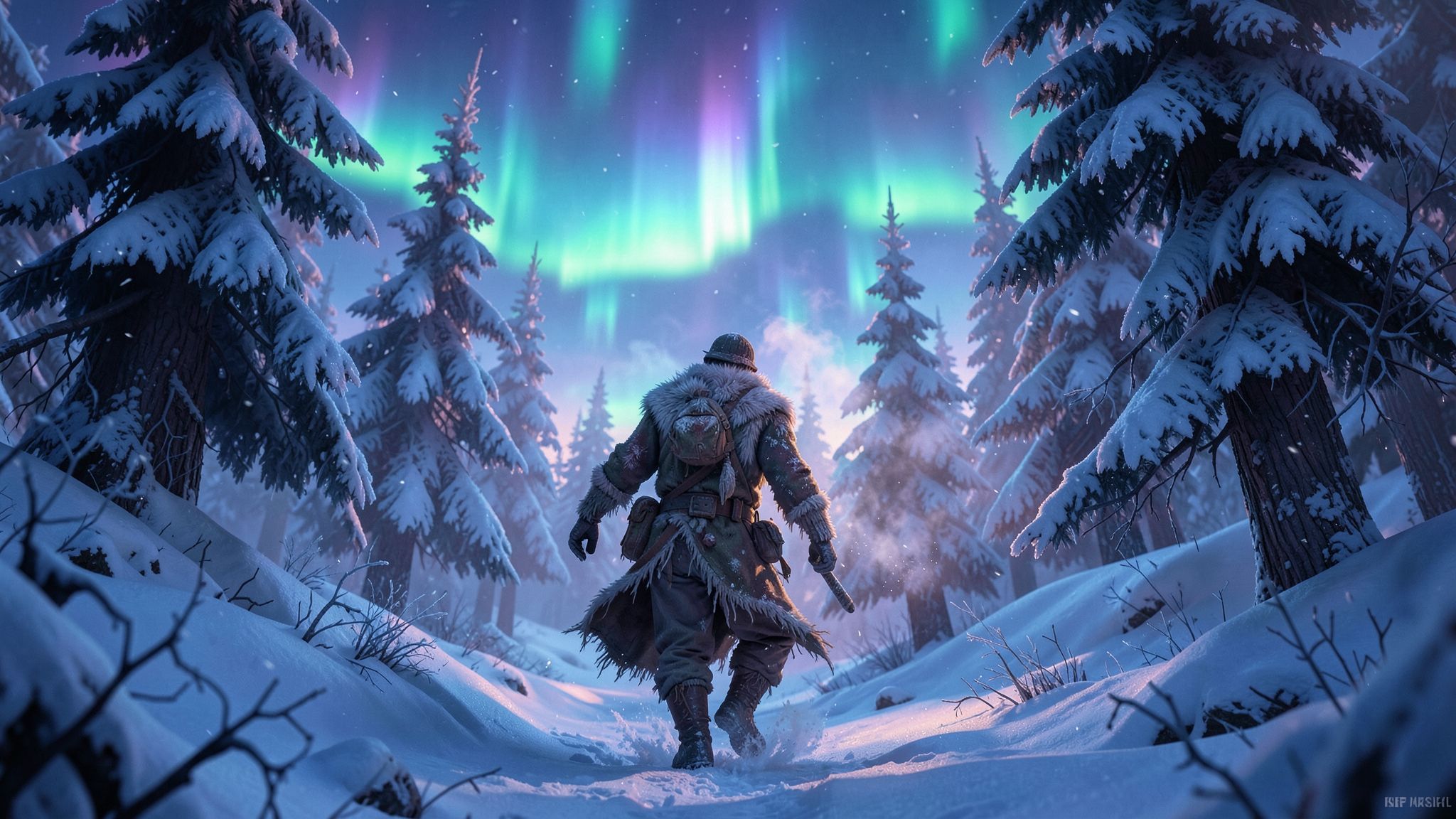 A lone frostbitten traveler in tattered furs trudges through a snow-laden forest at dusk, their breath visible in the crisp air, as ethereal auroras dance above towering ice-covered pines, casting ...