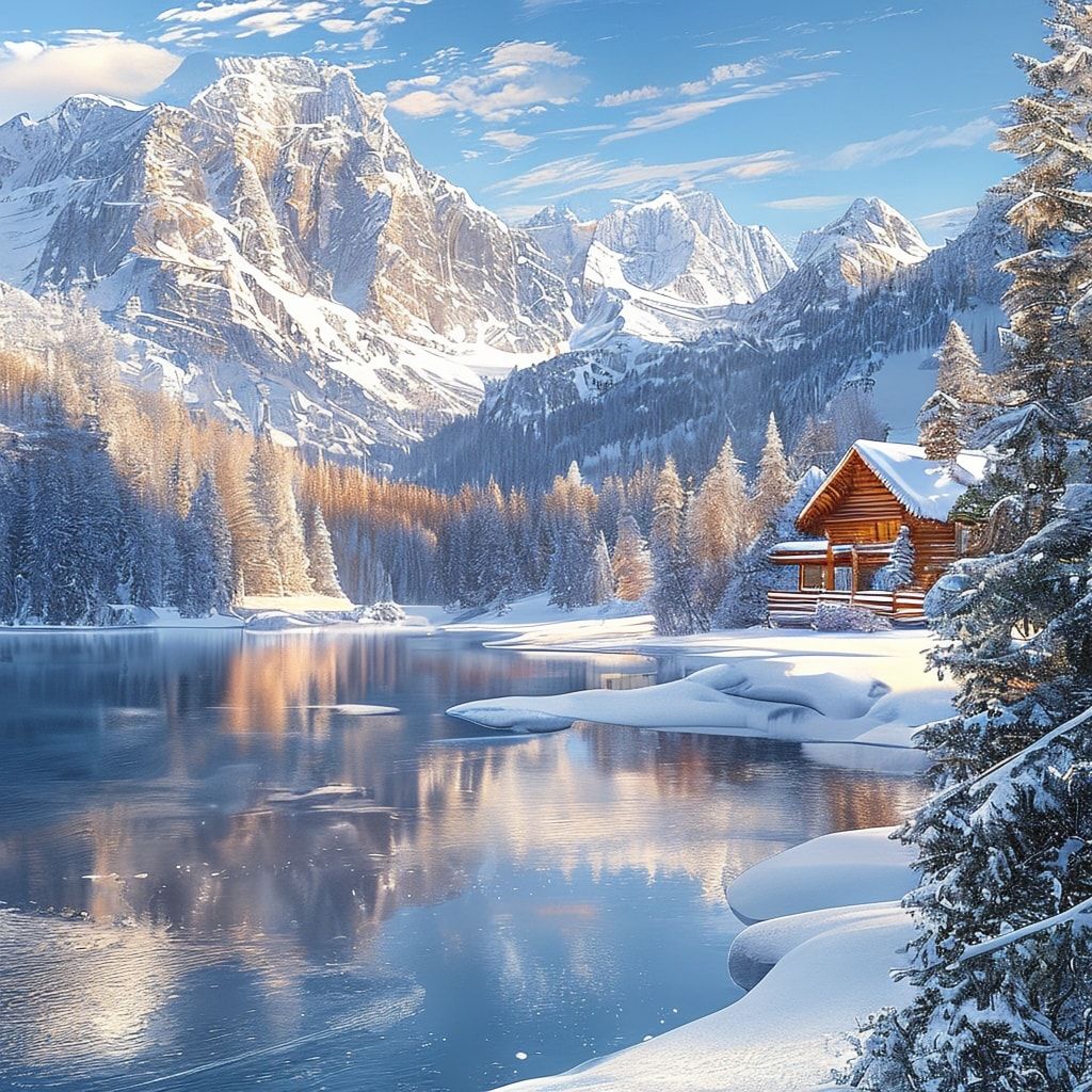 A breathtaking winter landscape featuring snow-covered mountains, a frozen lake reflecting the clear blue sky, and a cozy wooden cabin nestled among snow-laden pine trees. The scene is bathed in soft, golden sunlight from a low winter sun, creating a serene and magical atmosphere. Photorealistic style, high resolution, vibrant colors, detailed snow texture, and a sense of tranquility and wonder.