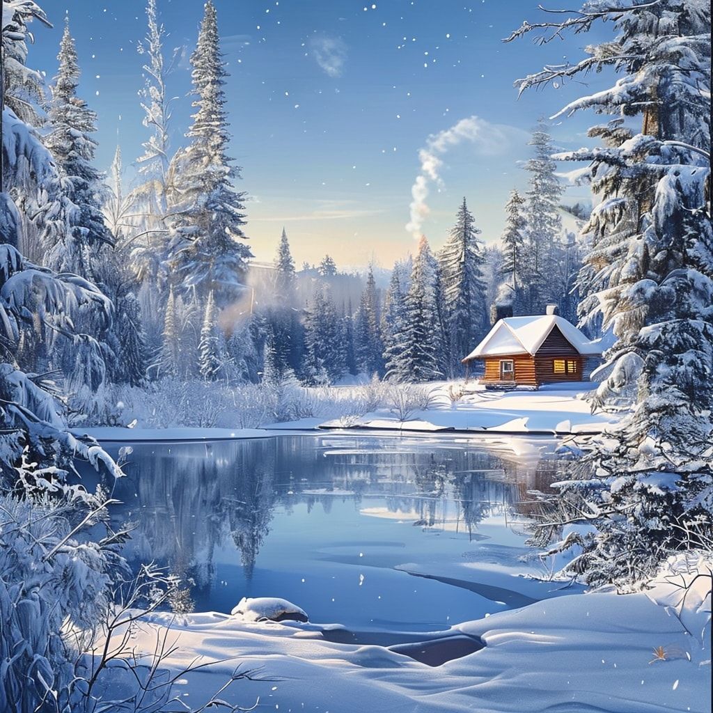 A breathtaking winter landscape featuring a frozen lake surrounded by snow-laden evergreen trees. In the distance, a cozy wooden cabin with a smoke rising from its chimney nestles among the trees. The sky is a clear, deep blue, and the low sun casts a soft, warm golden light across the scene, creating a magical and serene atmosphere. The snow on the ground and trees is detailed with a crisp, photorealistic texture, emphasizing the cold, fresh air. The composition is balanced, with the lake leading the eye towards the cabin, evoking a sense of peaceful solitude and winter wonder.