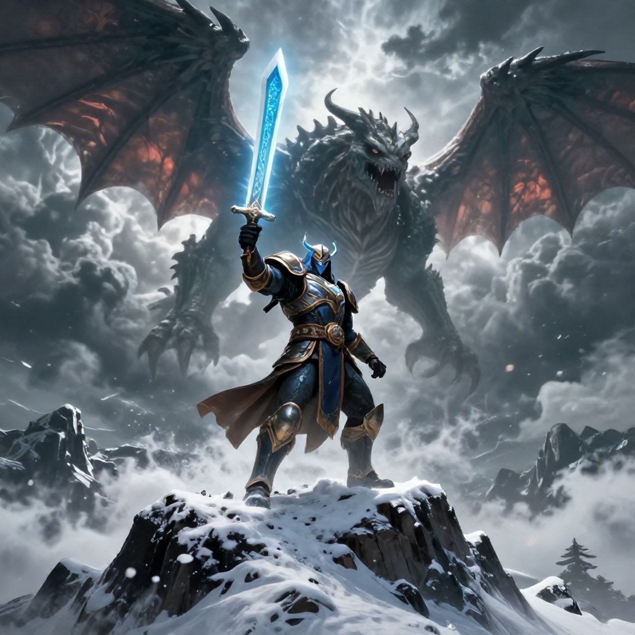 A towering, armored warrior stands atop a snow-capped peak, wielding a glowing rune-etched blade as a colossal, scaled beast descends from storm-wracked skies, its wings casting jagged shadows over...
