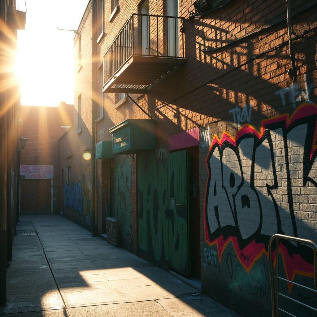 A narrow, sun-drenched alleyway bathed in golden hour light, vibrant street art covering weathered brick walls, casting long shadows from a fire escape, warm tones contrasting with cool graffiti hu...