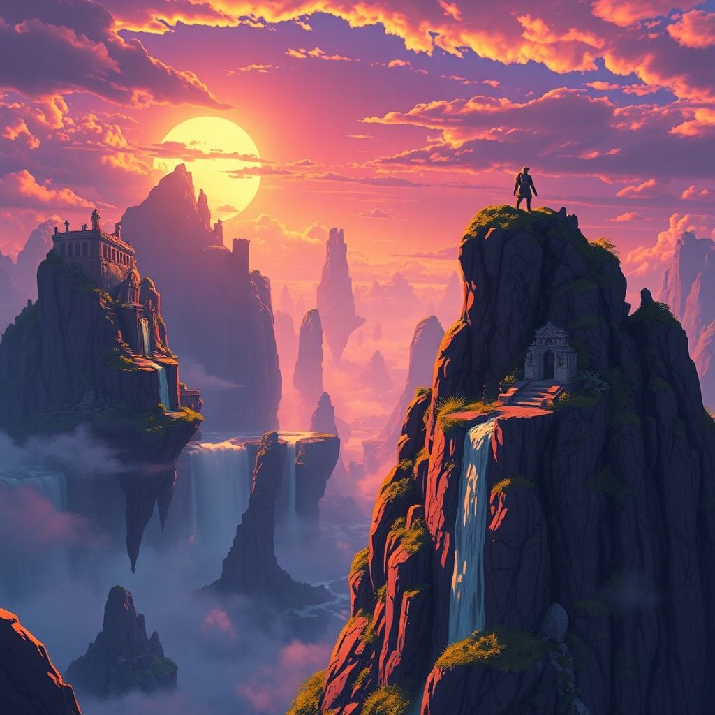 A vast expanse of floating islands drifts through a golden twilight sky, their jagged cliffs adorned with ancient ruins and cascading waterfalls. A lone adventurer stands atop the highest peak, sil...