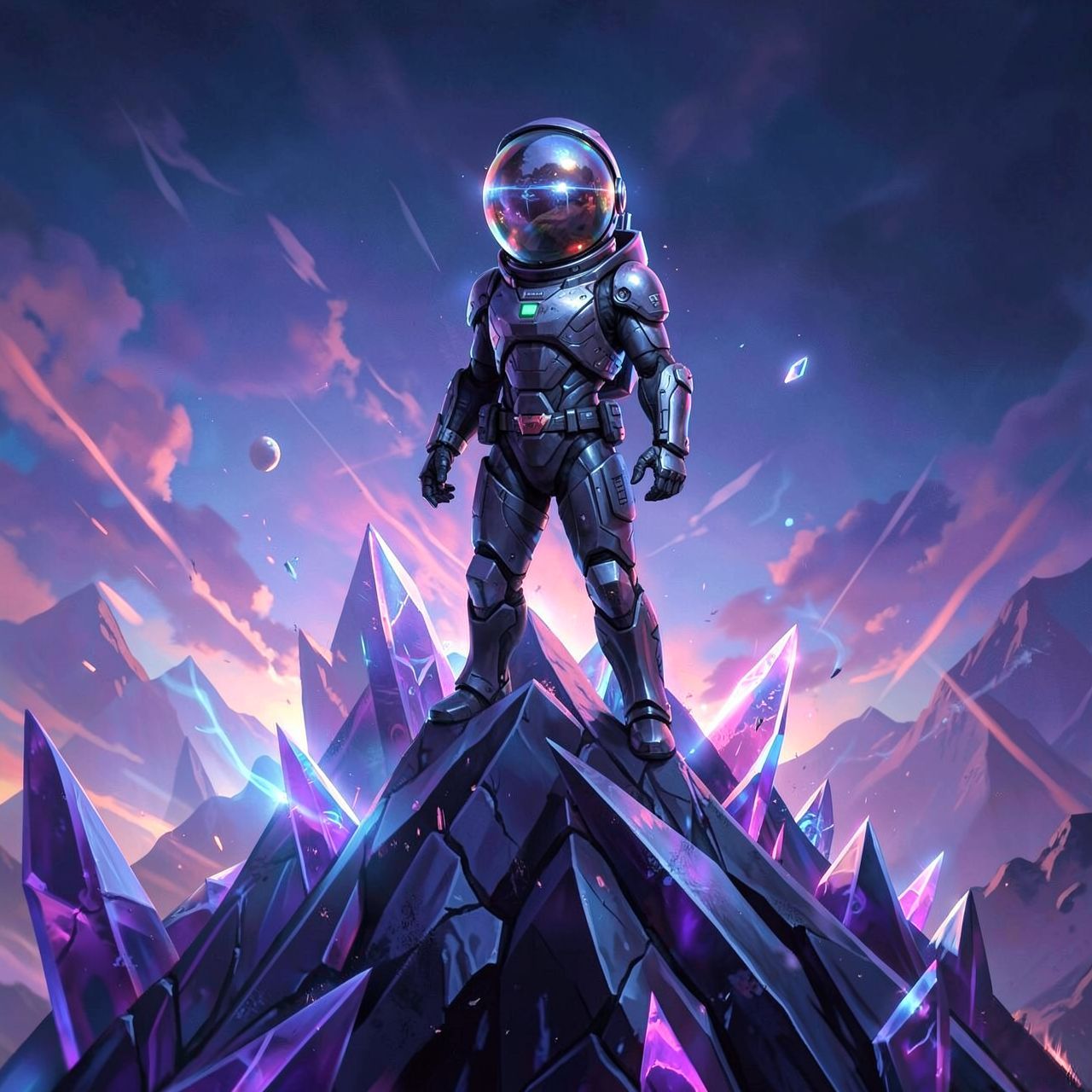 A lone astronaut in a sleek, futuristic exosuit stands atop a towering, razor-sharp crystalline ridge on a distant alien world, their helmet visor reflecting the haunting, ethereal glow of twin bio...