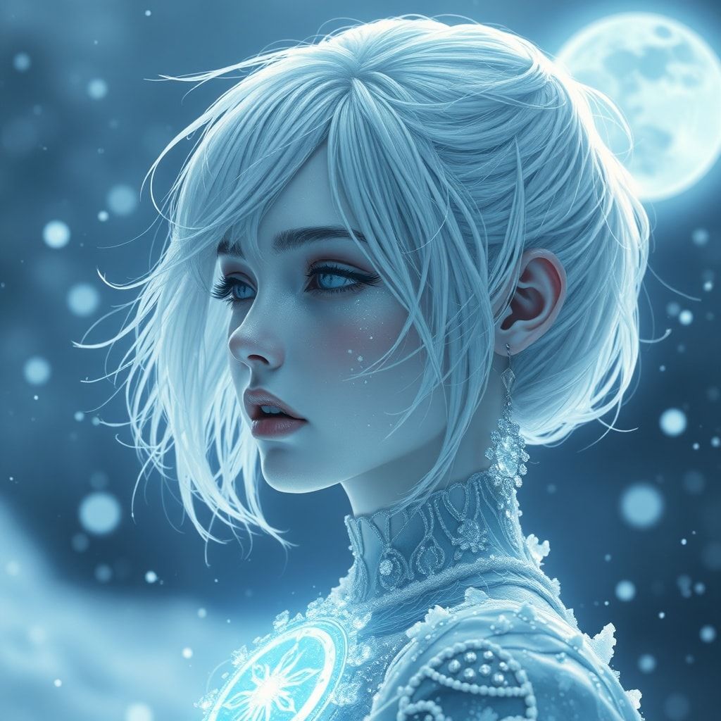 ethereal frozen oracle girl, pale icy skin, white-silver hair, luminous moon sigil, frost particles, cosmic silence, cinematic ultra-detailed