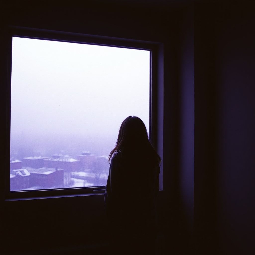 A girl stands inside a quiet room, facing away, looking out through a window. Outside, a foggy February winter unfolds — light snowfall drifts slowly through the air, and the sky glows with soft violet and muted purple tones. The city beyond the glass feels distant and blurred by mist. Cold winter light enters the room gently, casting subtle shadows. The atmosphere is calm, introspective, and emotional, capturing a moment of stillness and inner change. Cinematic composition, soft diffused lighting, shallow depth of field, cool color palette with violet accents, misty winter mood, realistic textures, gentle film grain, intimate and poetic atmosphere, like a scene from a quiet winter film.