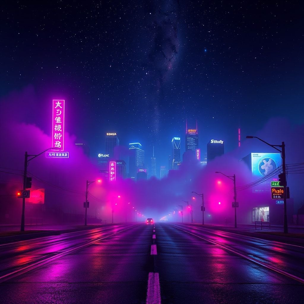 A dark synthwave cinematic scene: an empty night road cutting through a futuristic noir city, glowing with deep neon lights in purple, blue, and crimson. Thick fog drifts across the street, reflecting neon signs and distant skyscrapers. Above the city, the night sky opens into a surreal cosmic view — stars, nebula clouds, and faint galaxies blending into the urban skyline. The atmosphere is mysterious, epic, and cinematic, mixing cyberpunk noir with cosmic fantasy. High contrast lighting, dramatic perspective, wide-angle shot, neon reflections on wet asphalt, volumetric fog, deep shadows, subtle film grain, retro-futuristic color palette, epic dark mood, like a scene from a sci-fi movie.