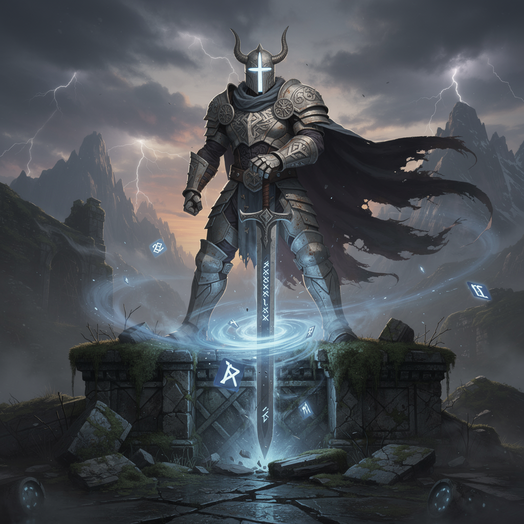 A towering fantasy warrior clad in ornate, weathered armor stands victorious atop a moss-covered stone ruin, his glowing rune-engraved greatsword embedded in the ground, emanating ethereal blue mis...