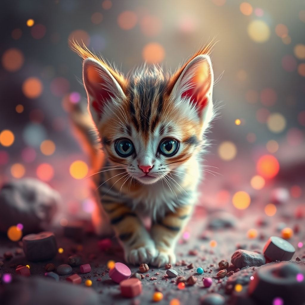 Tiny kitty, fantasy style, filmic score like