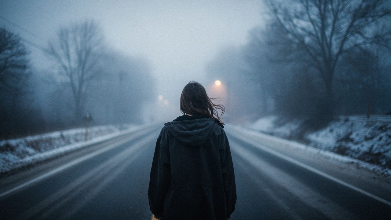 A girl with her back turned stands in a jacket on a winter road, an atmosphere of melancholy, loneliness and blue fog everywhere, as in dark ambient