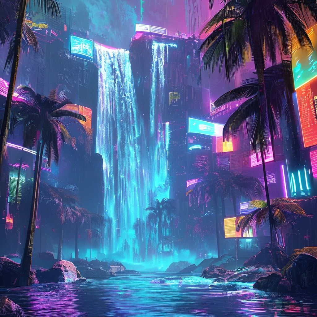 A towering neon-lit waterfall cascades into a bioluminescent lagoon, its mist glowing under the flicker of holographic billboards. Cybernetic palm trees sway in the artificial breeze, their fronds ...