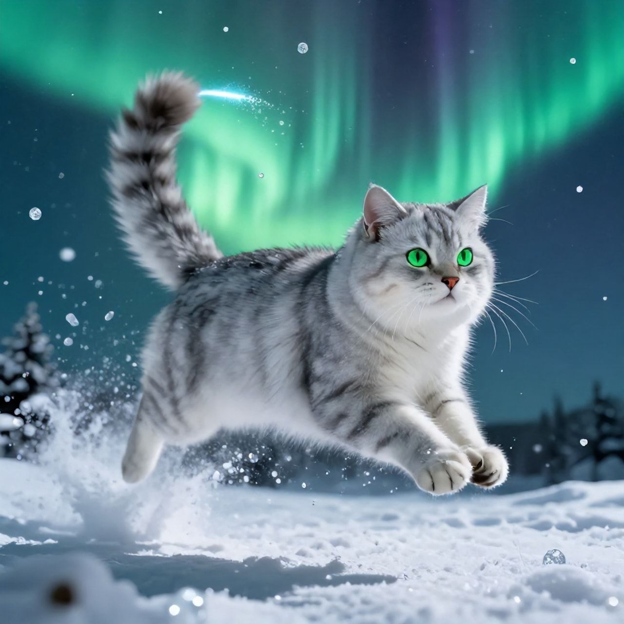 A majestic silver-furred feline with glowing emerald eyes leaps gracefully through a swirling aurora borealis, its tail trailing like a comet, surrounded by floating ice crystals and shimmering snow