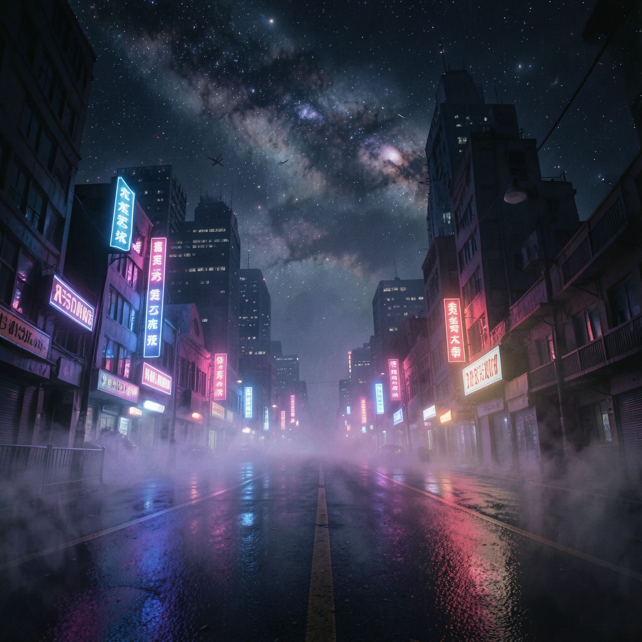 A dark synthwave cinematic scene: an empty night road cutting through a futuristic noir city, glowing with deep neon lights in purple, blue, and crimson. Thick fog drifts across the street, reflecting neon signs and distant skyscrapers. Above the city, the night sky opens into a surreal cosmic view — stars, nebula clouds, and faint galaxies blending into the urban skyline. The atmosphere is mysterious, epic, and cinematic, mixing cyberpunk noir with cosmic fantasy. High contrast lighting, dramatic perspective, wide-angle shot, neon reflections on wet asphalt, volumetric fog, deep shadows, subtle film grain, retro-futuristic color palette, epic dark mood, like a scene from a sci-fi movie