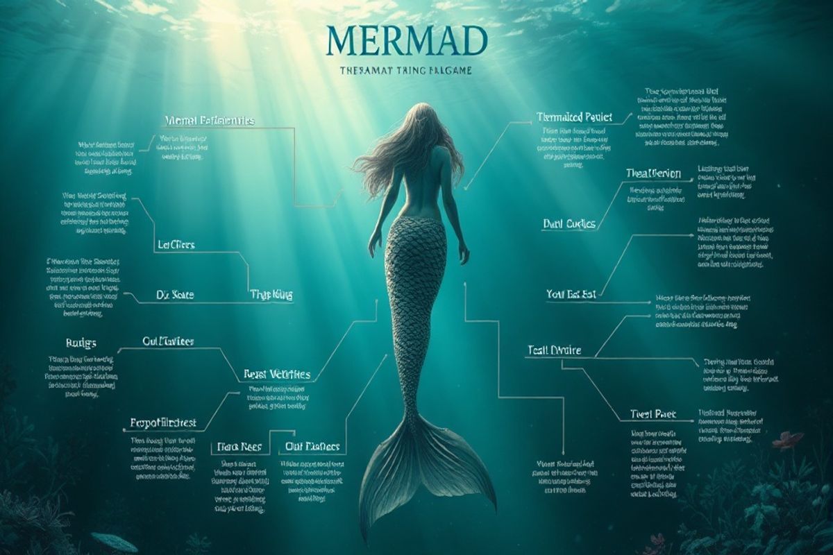 A detailed, artistic flowchart diagram about mermaid characteristics and myths, with a central mermaid figure, rendered in a magical, ethereal underwater style with light rays filtering down from the surface, creating a mystical and enchanting atmosphere, photorealistic high-quality rendering with vibrant, fantasy-inspired colors.