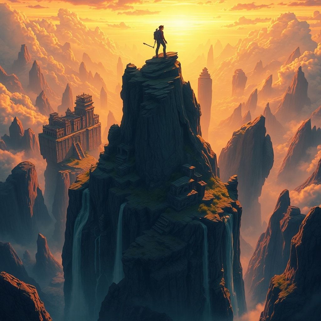 A vast expanse of floating islands drifts through a golden twilight sky, their jagged cliffs adorned with ancient ruins and cascading waterfalls. A lone adventurer stands atop the highest peak, sil...