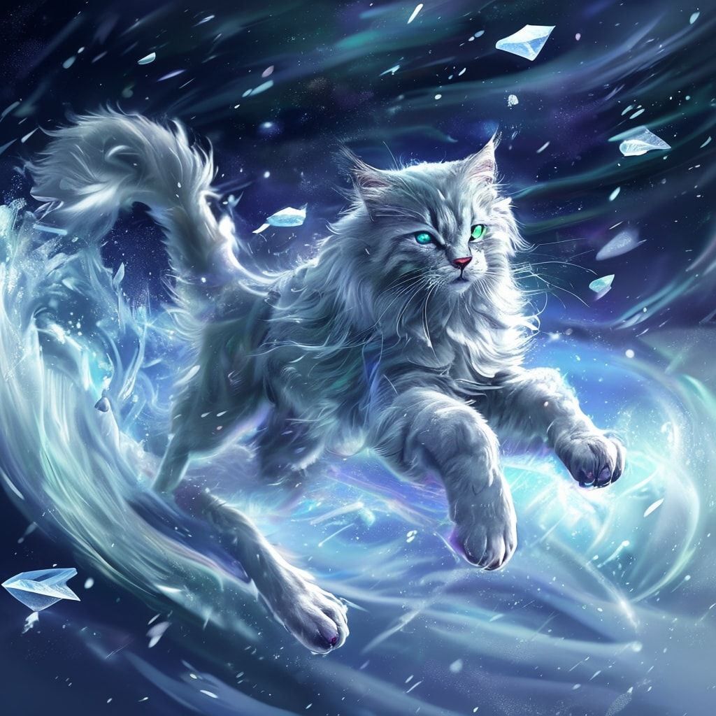 A majestic silver-furred feline with glowing emerald eyes leaps gracefully through a swirling aurora borealis, its tail trailing like a comet, surrounded by floating ice crystals and shimmering snow