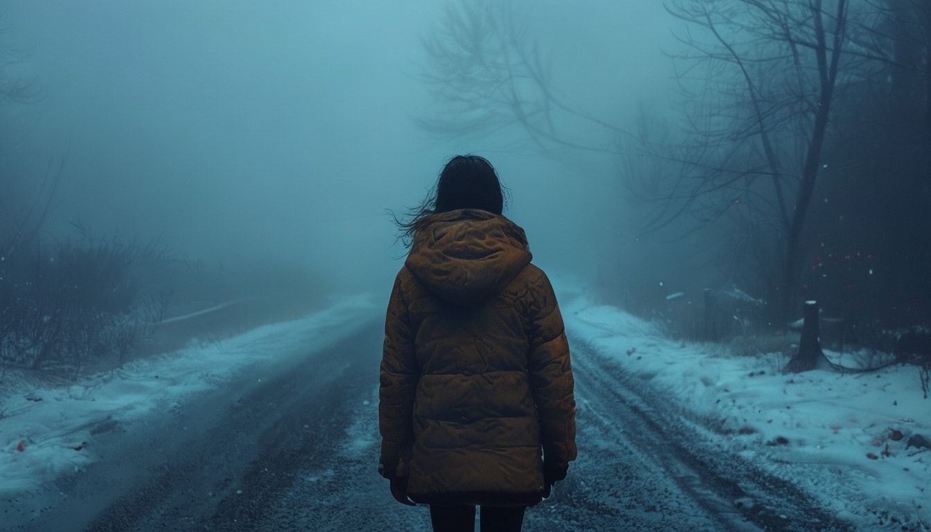 A girl with her back turned stands in a jacket on a winter road, an atmosphere of melancholy, loneliness and blue fog everywhere, as in dark ambient