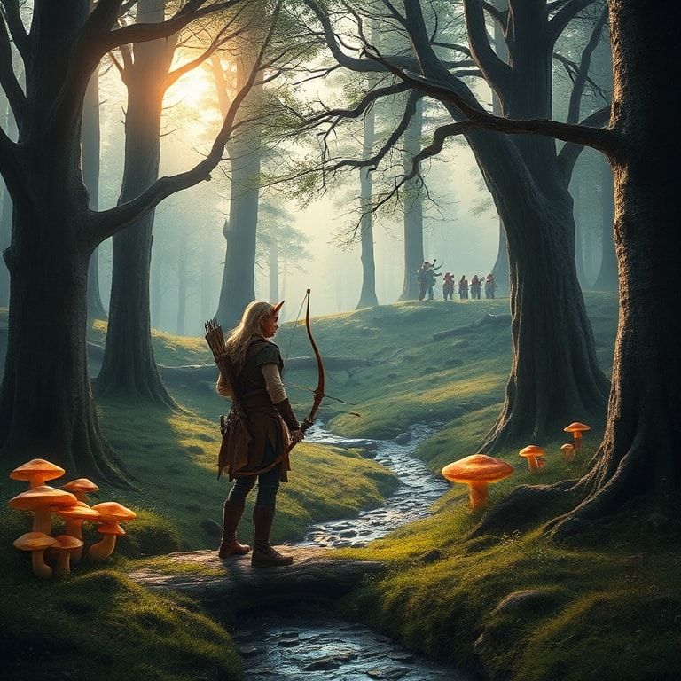 A lone elven archer stands in a mystical elven forest. The elf has long, pointed ears, is dressed in a simple leather tunic and cloak, and carries a bow and quiver. The forest is filled with tall, ancient trees, glowing mushrooms, and a small stream. Soft sunlight filters through the canopy. In the distance, on a hill, a group of gnomes are visible. The style is photorealistic, detailed, and evocative of a fantasy epic.