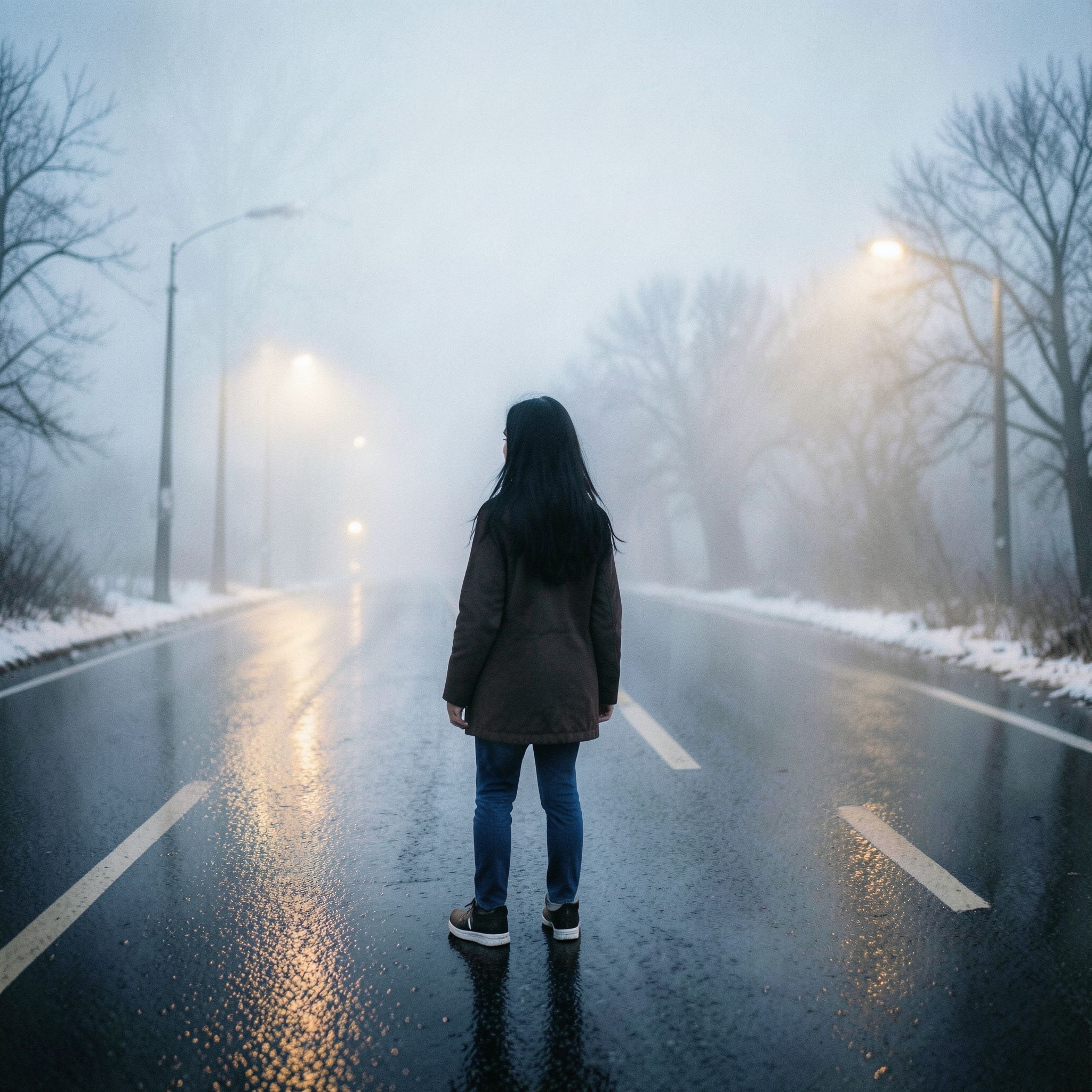 A girl with long black hair stands facing away, looking into the distance on a foggy road. The winter atmosphere feels cold and damp, like after a light rain. Thick February fog drifts across the empty road, reflecting soft, muted streetlight glow. The ground is slightly wet, adding subtle reflections. Pale blue and gray tones dominate the scene. The mood is quiet, melancholic, and cinematic, as if frozen in time. Cinematic composition, wide-angle shot, soft diffused lighting, shallow depth of field, realistic textures, gentle film grain, emotional winter atmosphere, like a scene from a slow, intimate film.