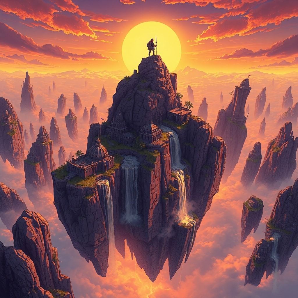A vast expanse of floating islands drifts through a golden twilight sky, their jagged cliffs adorned with ancient ruins and cascading waterfalls. A lone adventurer stands atop the highest peak, sil...