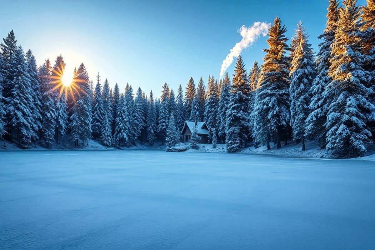 A breathtaking winter landscape featuring a frozen lake surrounded by snow-laden evergreen trees. In the distance, a cozy wooden cabin with a smoke rising from its chimney nestles among the trees. The sky is a clear, deep blue, and the low sun casts a soft, warm golden light across the scene, creating a magical and serene atmosphere. The snow on the ground and trees is detailed with a crisp, photorealistic texture, emphasizing the cold, fresh air. The composition is balanced, with the lake leading the eye towards the cabin, evoking a sense of peaceful solitude and winter wonder.