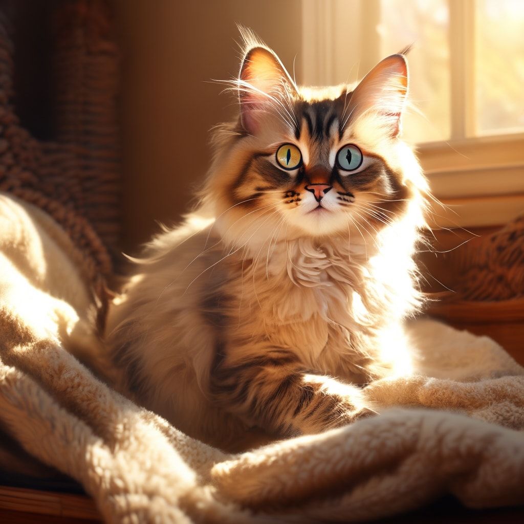 A cute fluffy cat with bright eyes, sitting on a soft blanket in a cozy room with warm sunlight, photorealistic style, high quality