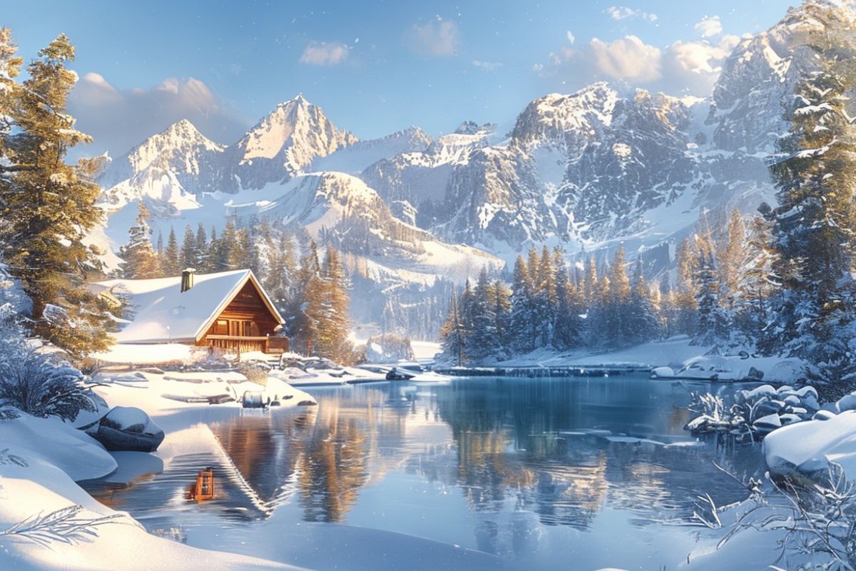A breathtaking winter landscape featuring snow-capped mountains, a frozen lake reflecting the clear blue sky, and a cozy wooden cabin nestled among snow-covered pine trees. The scene is bathed in warm, golden sunlight, creating a serene and peaceful atmosphere. Photorealistic style, high resolution, vibrant colors, detailed snow texture, and a sense of tranquility.