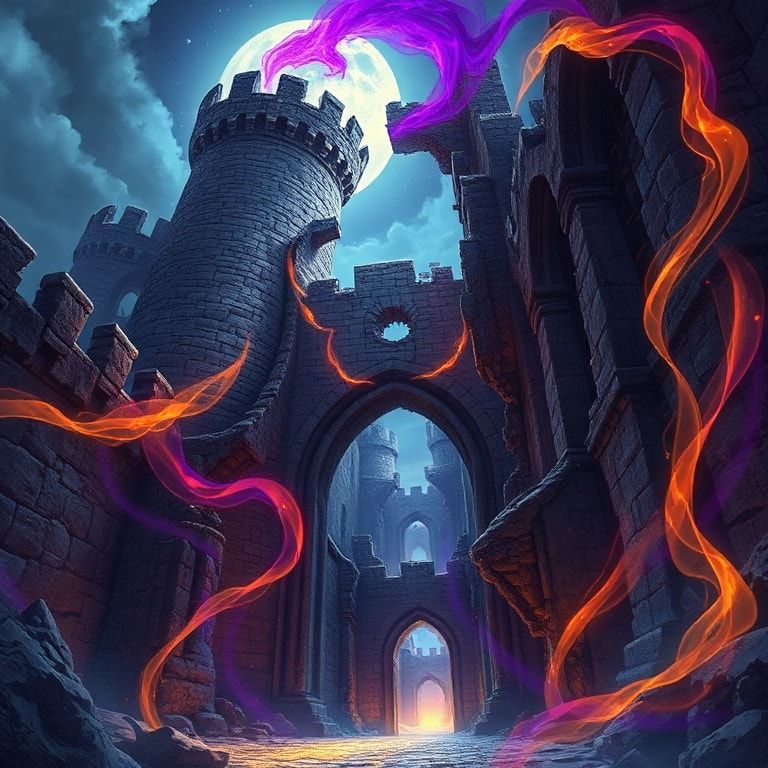 A towering, crumbling stone archway in a moonlit abandoned castle, glowing with swirling violet and gold runes