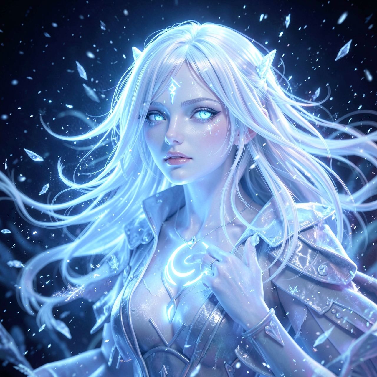 ethereal frozen oracle girl, pale icy skin, white-silver hair, luminous moon sigil, frost particles, cosmic silence, cinematic ultra-detailed