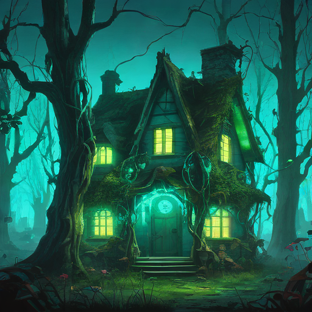 A dilapidated fairy tale cottage with glowing neon vines and flickering holographic mushrooms, nestled in a cyberpunk forest of towering bioluminescent trees, bathed in eerie blue-green neon light ...