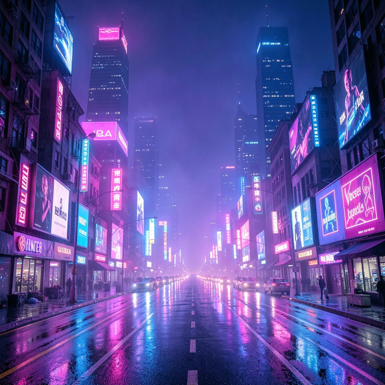 A cinematic synthwave cyberpunk city at night: endless neon-lit roads stretch through a futuristic metropolis. Skyscrapers glow with pink, purple, and electric blue lights, disappearing into thick violet-blue fog. Wet asphalt reflects neon signs and holographic billboards, creating a dreamlike, retro-futuristic atmosphere. The city feels vast, lonely, and epic, like the fall of a digital world. Strong synthwave aesthetics, 80s cyberpunk mood, glowing lights, neon haze, wide-angle perspective, cinematic lighting, retro-futurism, ultra-detailed, high contrast, album cover, 4K.