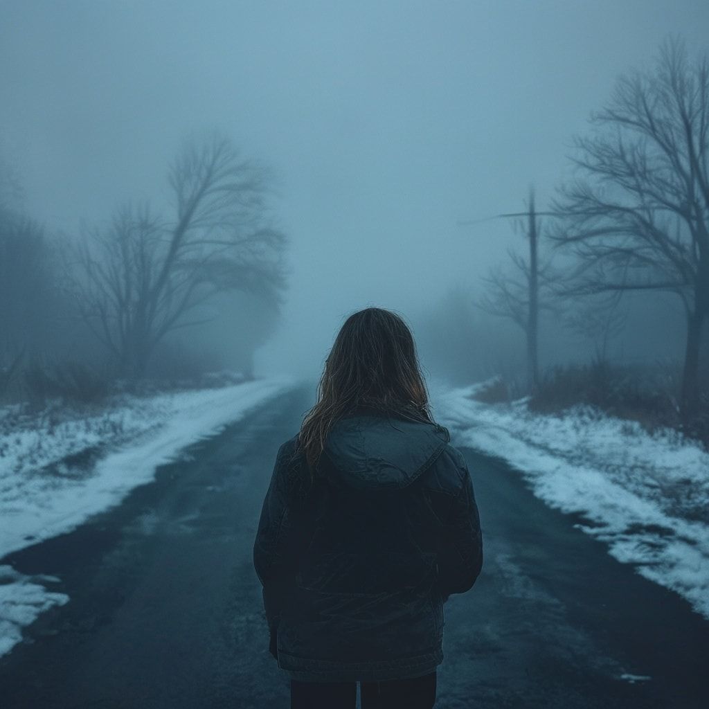 A girl with her back turned stands in a jacket on a winter road, an atmosphere of melancholy, loneliness and blue fog everywhere, as in dark ambient
