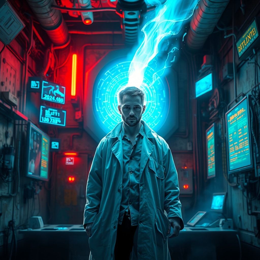 A lone scientist in a tattered lab coat stands before a flickering holographic portal, his face illuminated by eerie blue light, surrounded by floating data streams in a decaying, futuristic labora...