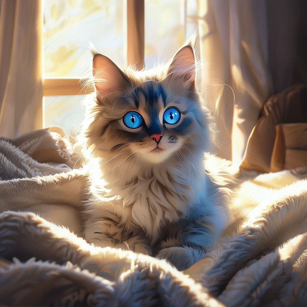 A cute, fluffy cat with bright blue eyes, sitting on a soft blanket in a cozy living room, warm sunlight streaming through a window, realistic style, high detail, 1024x1024 pixels