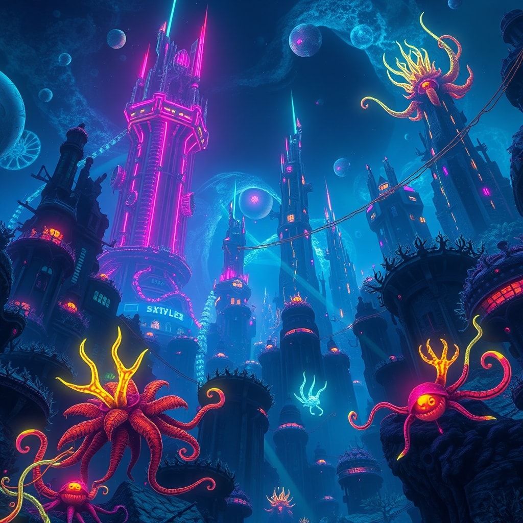 A neon-lit underwater city bathed in eerie bioluminescent glow, towering coral skyscrapers casting jagged shadows, mysterious creatures with glowing tendrils drifting through the murky depths, high...