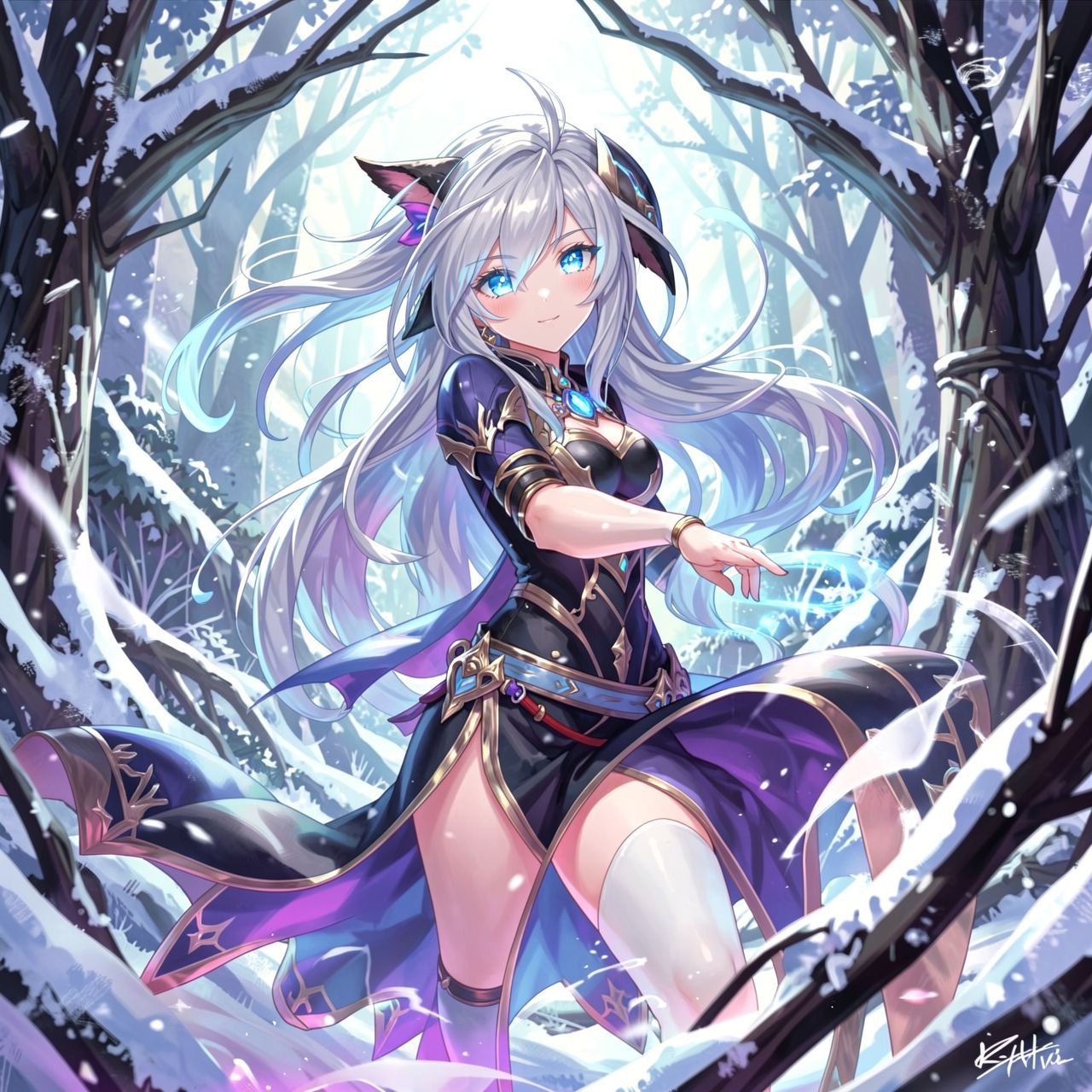 mystical young woman with silver hair and glowing blue eyes stands amidst an ancient, snow-laden forest