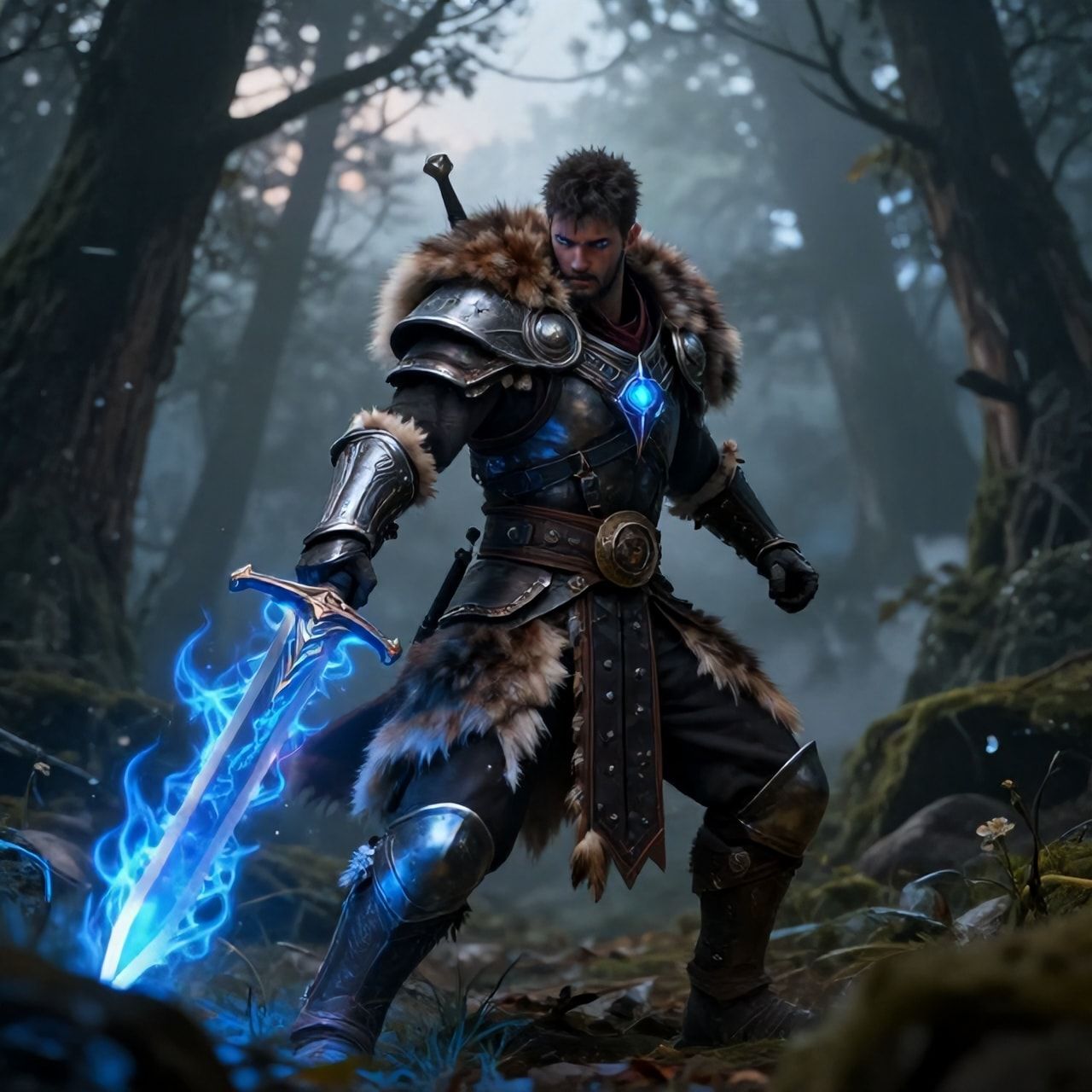 A battle-worn fantasy warrior, clad in tattered fur and enchanted steel, stands amidst a mist-shrouded forest at dusk, his sword glowing with ethereal blue flames as he faces an unseen foe, surroun...