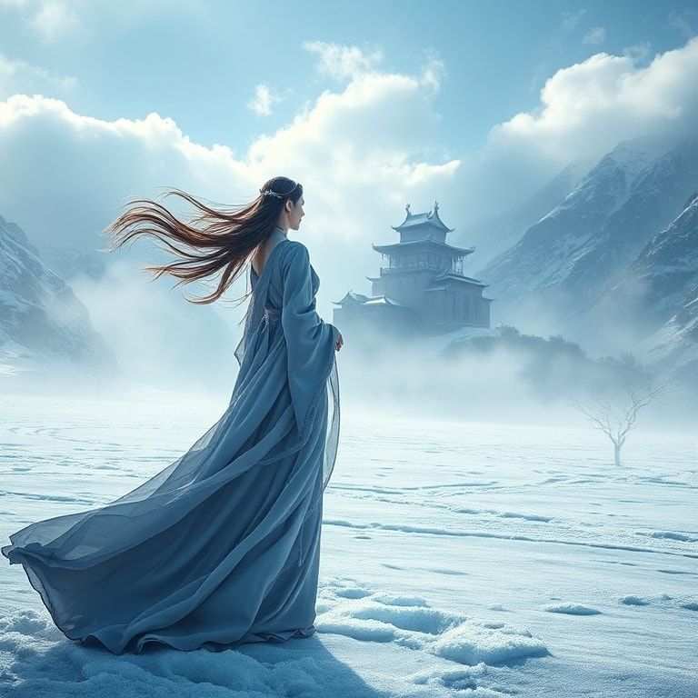 A cinematic fantasy scene inspired by ancient China: a graceful woman in an elegant, flowing Chinese fantasy robe stands alone in an icy valley. Frost and snow cover the ground, shimmering in cold blue light. In the distance, a majestic ancient Chinese castle rises through the mist, surrounded by towering snow-covered mountains. Winter wind moves her long hair and silk fabric, creating a sense of destiny and timeless power. The atmosphere is epic, mystical, and emotional, like a high-budget fantasy movie. Ultra-detailed, cinematic lighting, wide-angle shot, cold color palette, dramatic clouds, ethereal mood, 4K, film still, fantasy realism.