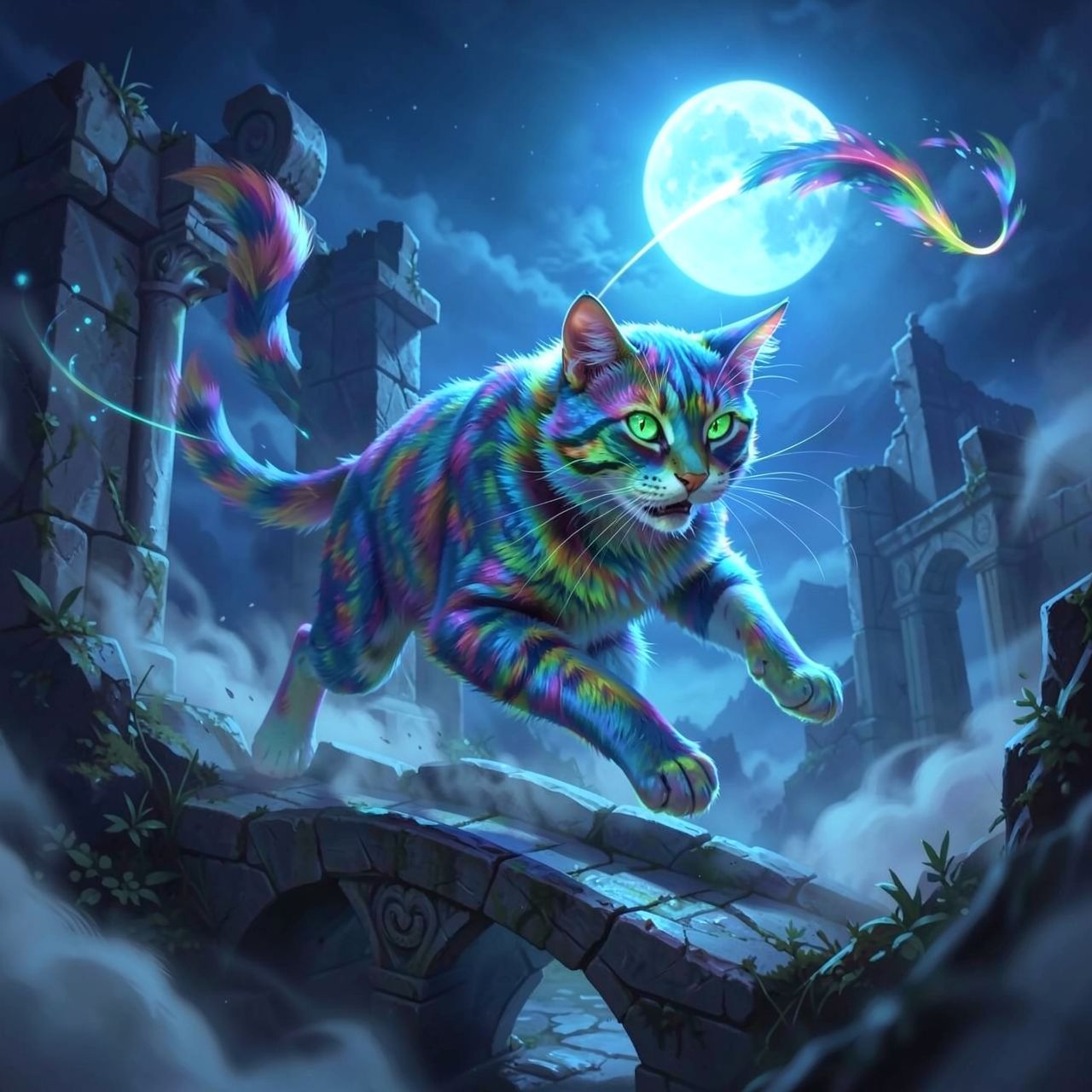 A majestic feline with iridescent fur and glowing emerald eyes leaps gracefully across a moonlit, ancient stone bridge, its tail flickering like a comet trail. Mist swirls around the crumbling ruin...