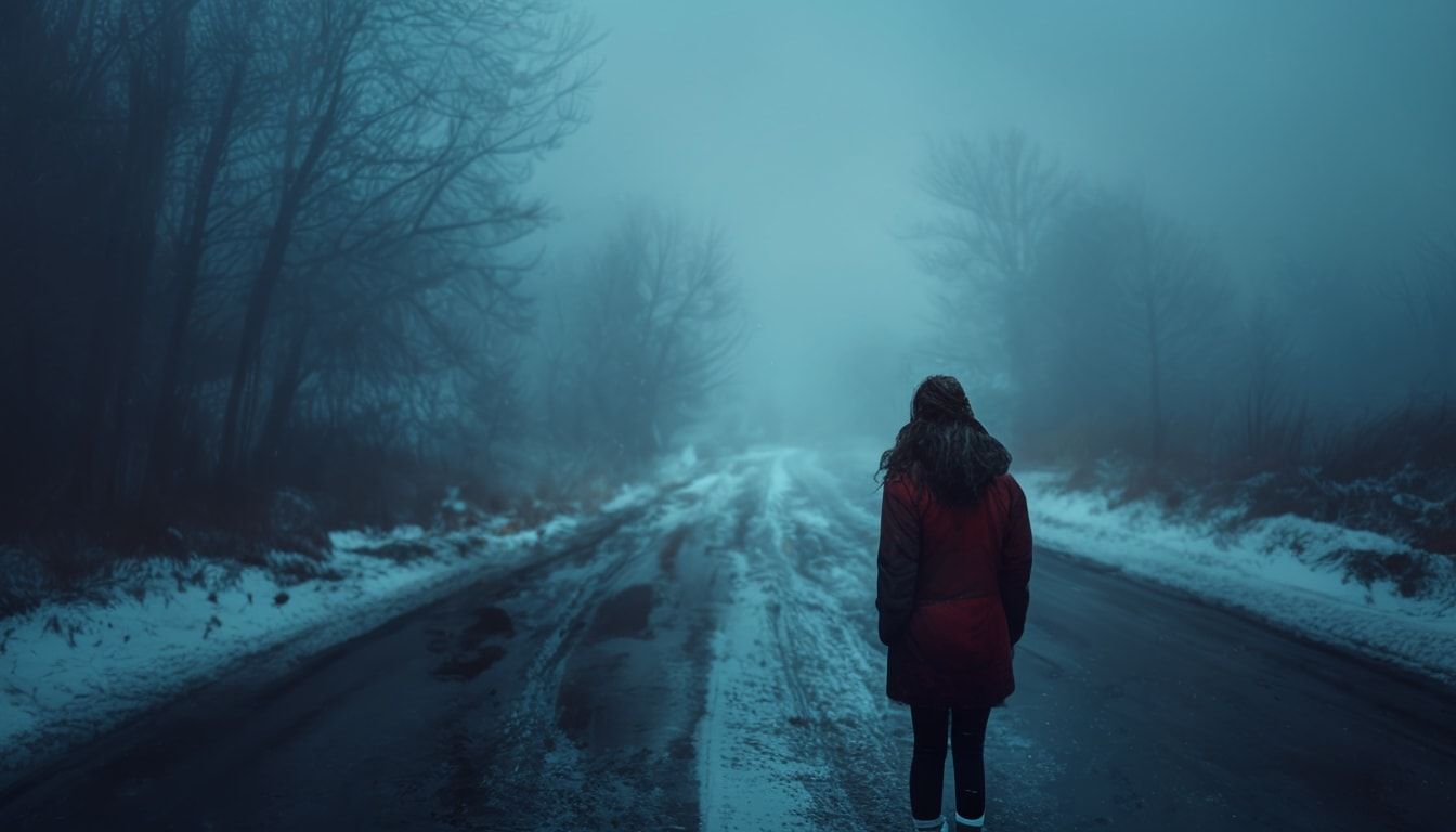 A girl with her back turned stands in a jacket on a winter road, an atmosphere of melancholy, loneliness and blue fog everywhere, as in dark ambient