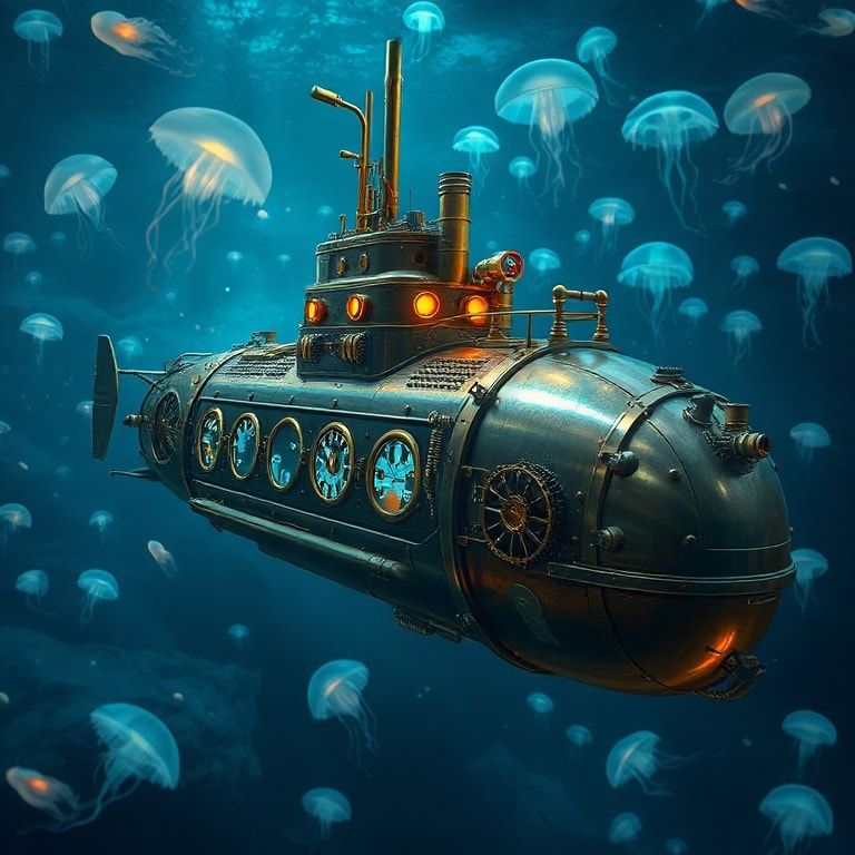 A majestic steampunk submarine glides through the deep ocean, its brass and copper hull gleaming under the soft glow of bioluminescent jellyfish. The intricate gears and pipes of the vessel are ill...