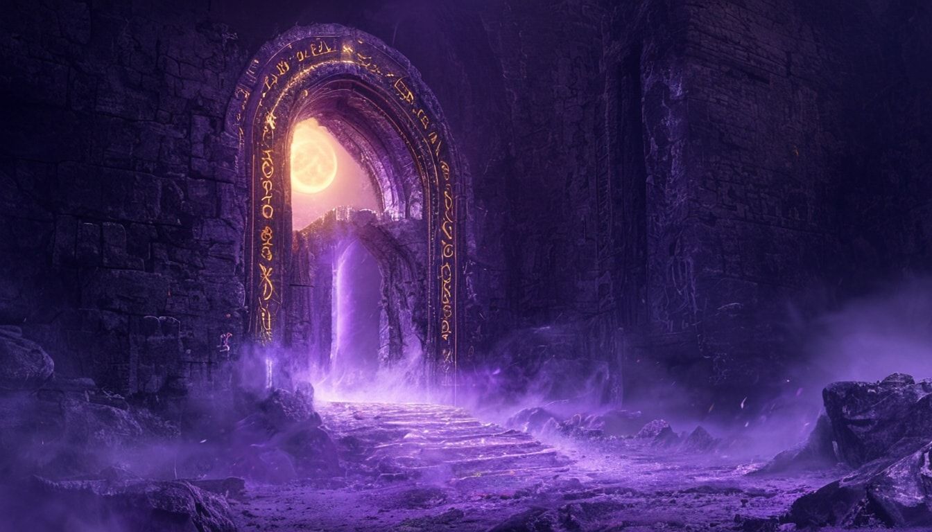 A towering, crumbling stone archway in a moonlit abandoned castle, glowing with swirling violet and gold runes, reveals a shimmering portal to another realm. Ethereal mist curls around ancient ruin...