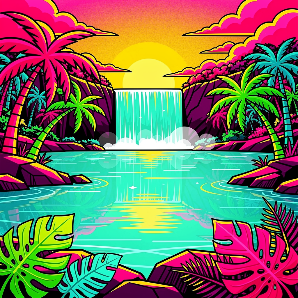 A vibrant pop art tropical paradise with a cascading waterfall, neon palm trees, and turquoise waters under a golden sunset. Bold graphic outlines, high contrast, and saturated colors create a play...