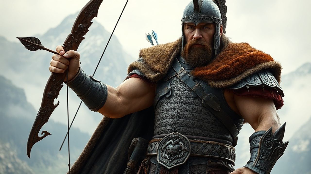 A great, heroic warrior from ancient times, standing powerfully and confidently. The warrior is holding a large, ornate bow in his right hand, with an arrow nocked and ready. He wears heavy, detailed armor with intricate engravings and a helmet with a visor. The expression on his face is stern and focused, showing determination. The background is a dramatic, misty mountainous landscape, adding to the epic feel. Photorealistic style, high detail, dynamic lighting, emphasizing the warrior's strength and heroism.