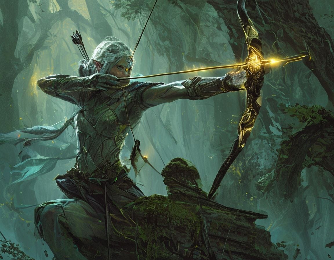 A lithe, silver-haired archer with emerald eyes draws her enchanted bow, arrow glowing with arcane energy, perched on a moss-covered ruin in an ancient forest. Mist swirls around her ankles as gold...